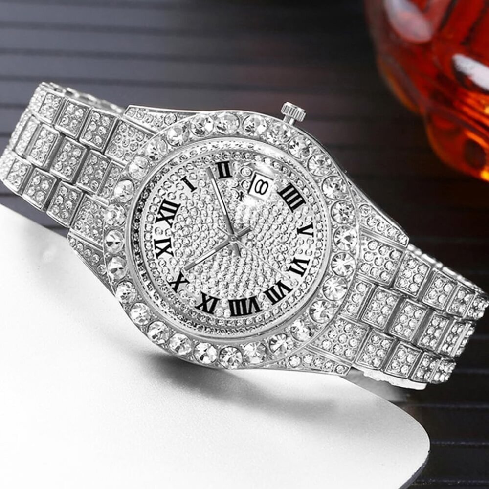 Men's Diamond Silver Big Rocks Roman Numerals Fully Iced Out Colorful Dial Watch - Picture 4 of 6